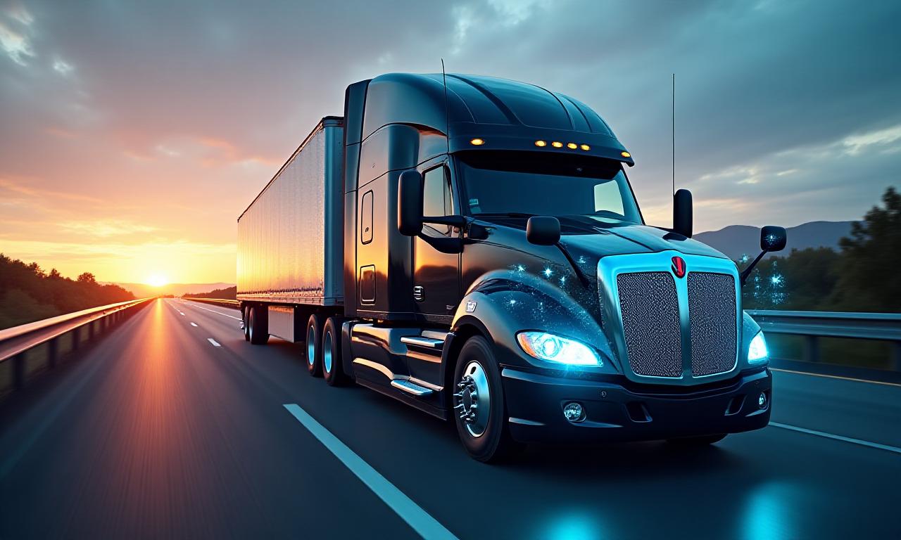 Modern semi-truck with digital SaaS dashboard overlay